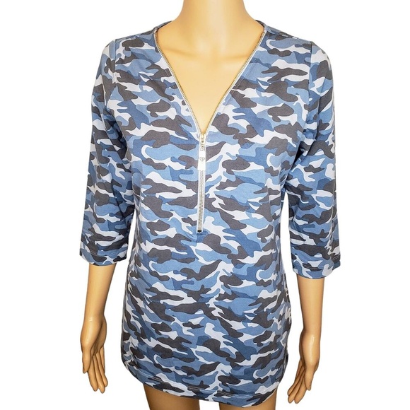 Belle By Kim Gravel Camo Top Tunic Blue Gray‎ Zip Front Stretchy 1/4 Sleeves XXS - Picture 1 of 9